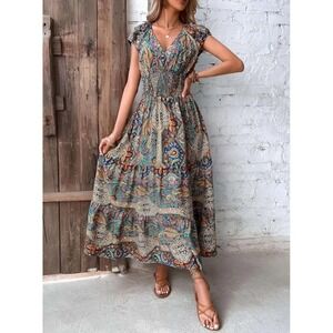Mooi Paisley Silk Smocked Tiered Bohemian Maxi Dress Gold Metallic M/L‎ EUC